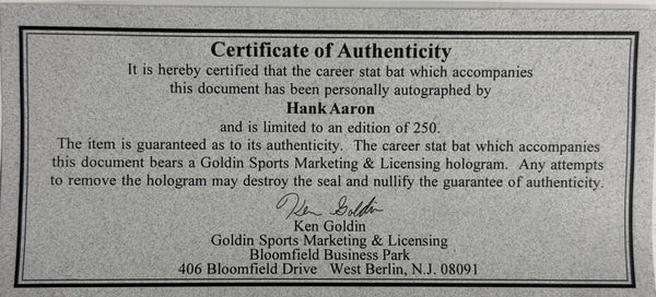 Hank Aaron Autographed Adirondack Bat #102/250 (Goldin)