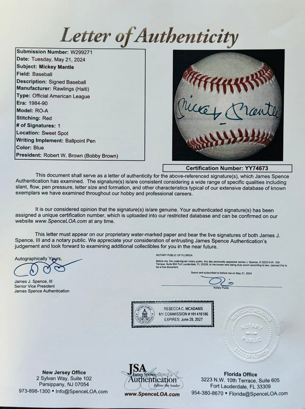 Mickey Mantle Autographed Official American League Baseball (JSA)