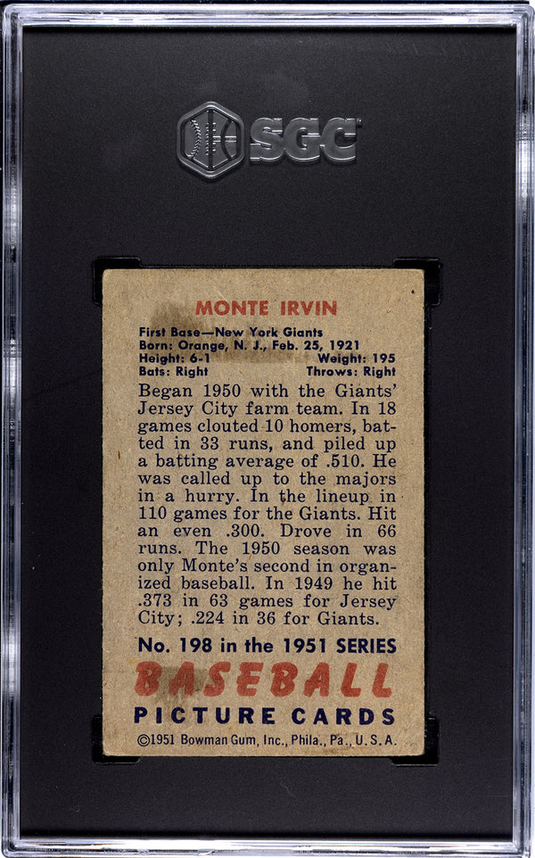 Monte Irvin 1951 Bowman Rookie Card #198 SGC 1