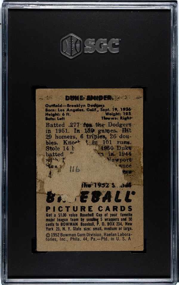 Duke Snider 1952 Bowman Card #116 SGC Authentic