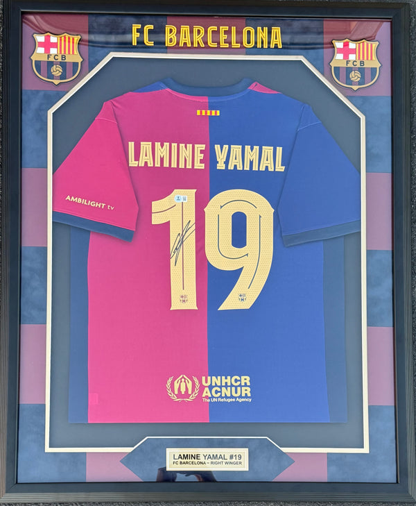 Lamine Yamal Autographed Barcelona Home Kit Framed Jersey (Beckett Witness)