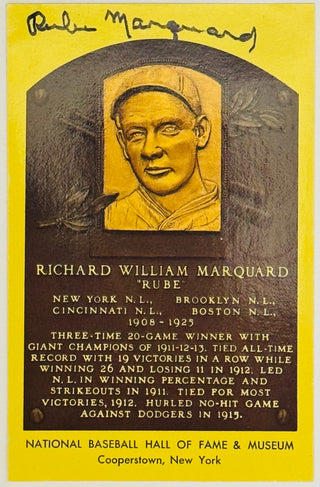 Rube Marquard Autographed Hall of Fame Plaque Postcard