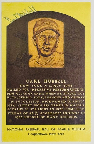 Carl Hubbell Autographed Hall of Fame Plaque Postcard