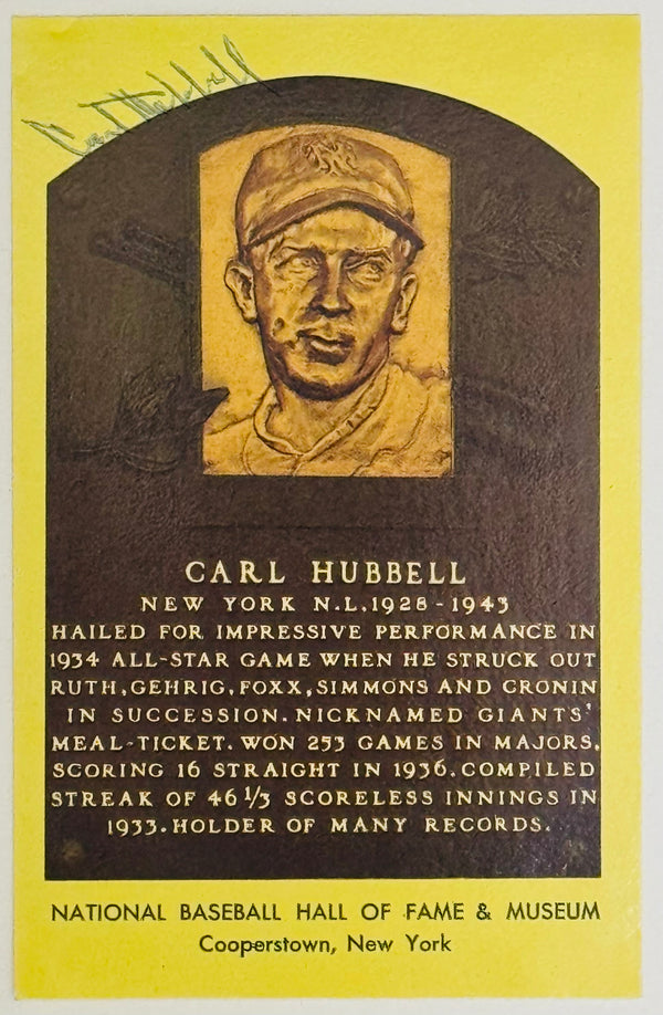 Carl Hubbell Autographed Hall of Fame Plaque Postcard