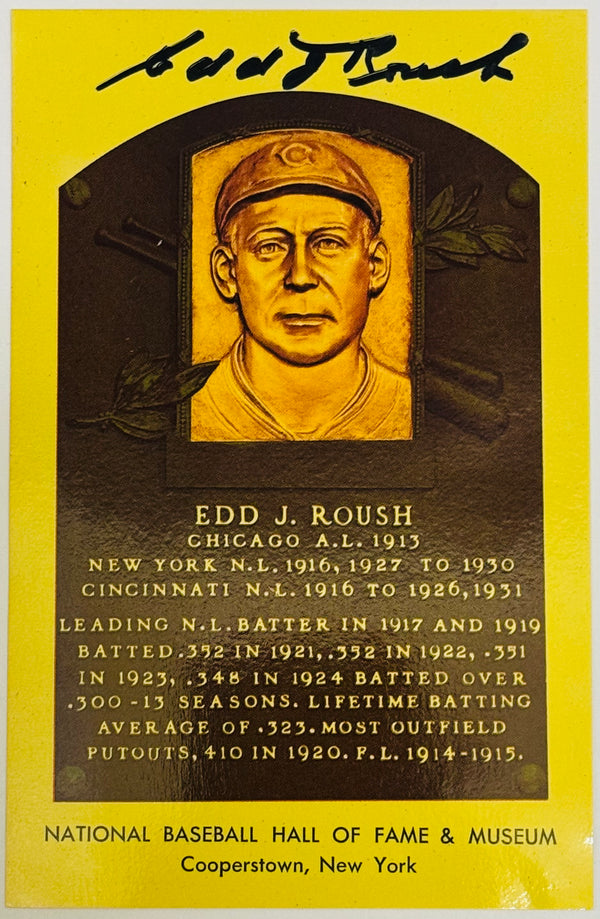 Edd Roush Autographed Hall of Fame Plaque Postcard