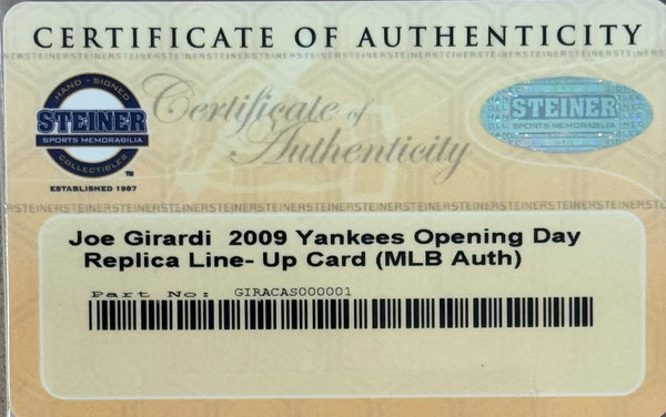 Joe Girardi Signed 2009 Yankees Opening Day Replica Line Up Card Framed (MLB/Steiner)