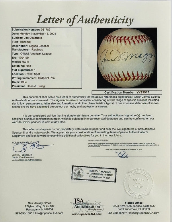 Joe DiMaggio Autographed Official American League Baseball (JSA)