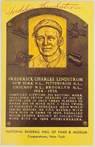 Freddie Lindstrom Autographed Hall of Fame Plaque Postcard