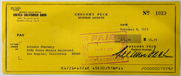 Gregory Peck Academy Award Winning Actor Signed Personal Check February 1973