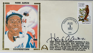 Hank Aaron Autographed First Day Cover Aug 1 1982 "Cooperstown" (JSA)