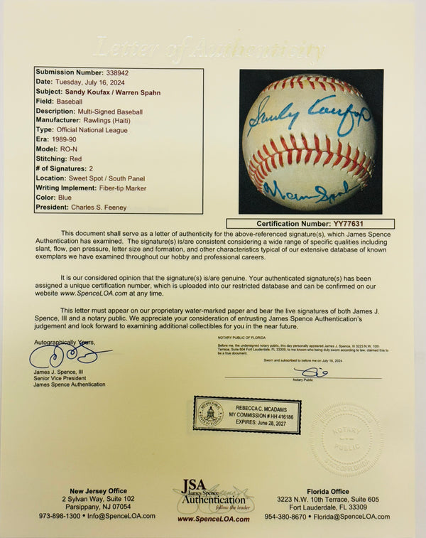 Sandy Koufax & Warren Spahn Autographed Official National League Baseball (JSA)