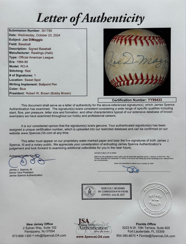 Joe DiMaggio Autographed American League Bobby Brown Baseball (JSA)