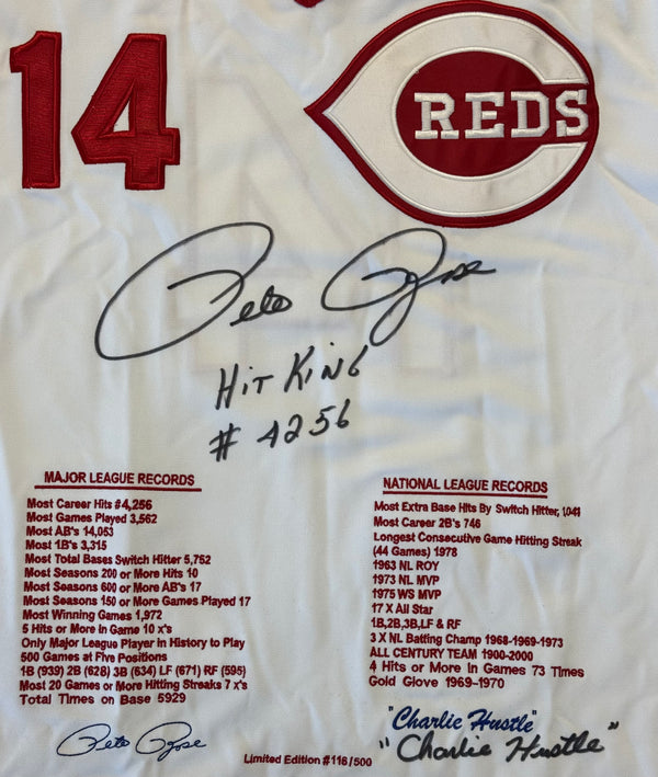 Pete Rose Autographed Embroidered Stat Cincinnati Reds Jersey #116/500 (JSA)