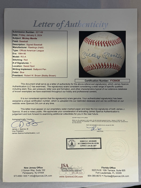 Mickey Mantle Autographed American League Baseball (JSA)