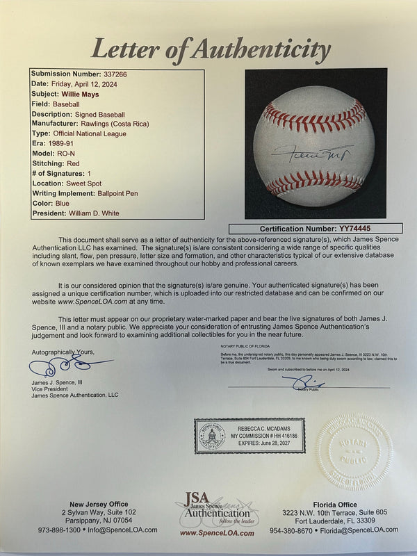 Willie Mays Autographed National League Baseball (JSA)