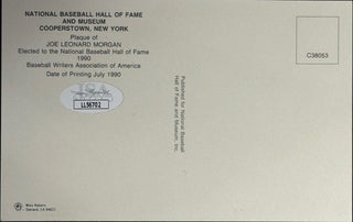 Joe Morgan Autographed Baseball Hall of Fame Plaque Postcard (JSA)