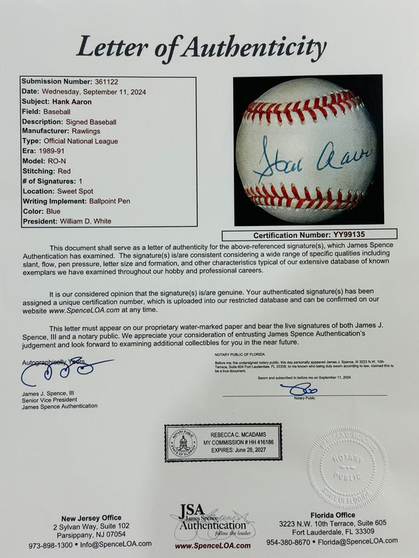 Hank Aaron Autographed Official National League Baseball (JSA)