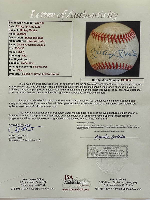 Mickey Mantle Autographed American League Bobby Brown Baseball (JSA)