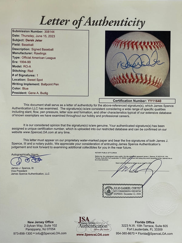 Derek Jeter Autographed Official American League Gene Budig Baseball (JSA)