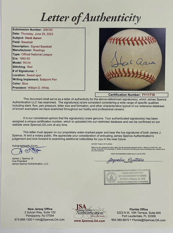 Hank Aaron Autographed Official National League Baseball (JSA)