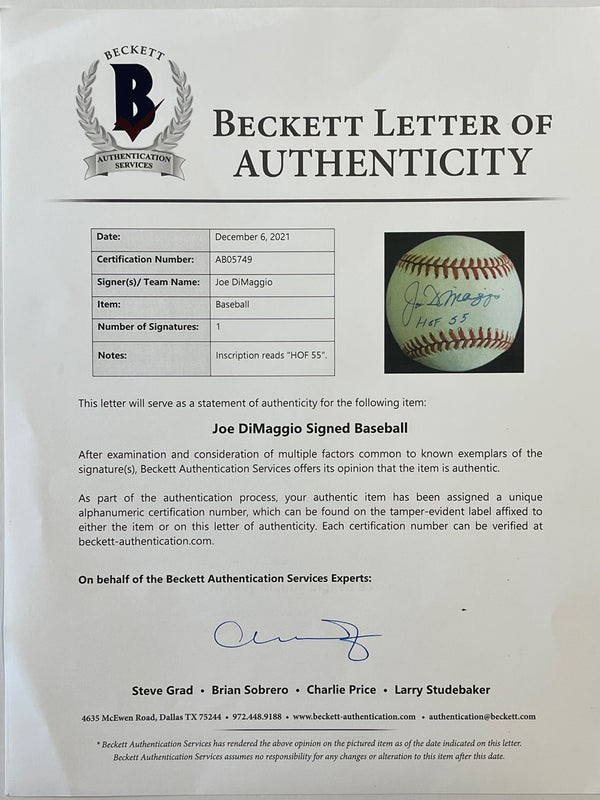 Joe DiMaggio" HOF 55" autographed Official American League Baseball (Beckett)