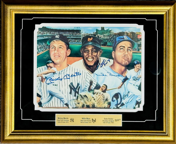 Mickey Mantle Willie Mays Duke Snider Autographed Framed  8x10 Photo (JSA)