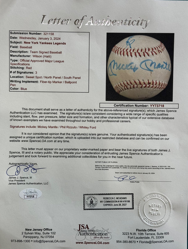 New York Yankees Legends Autographed Baseball (JSA)