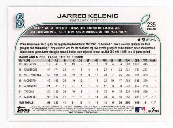 Jarred Kelenic 2022 Topps Series One Future Stars #235 Card