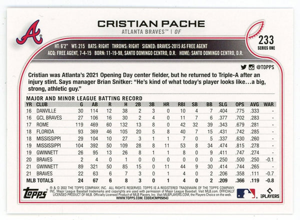 Cristian Pache 2022 Topps Series One Future Stars #233 Card