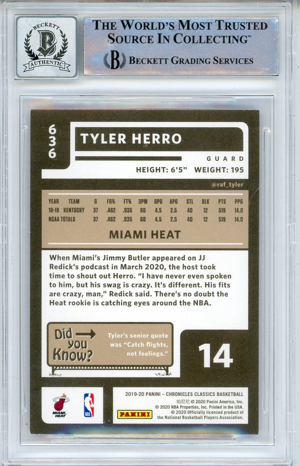 Tyler Herro Autographed 2019-20 Panini Chronicles Classics Rookie Card #636 (BGS 10 Auto)