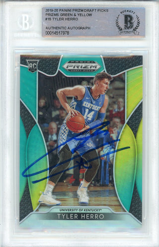 Tyler Herro Autographed 2019-20 Panini Prizm Draft Picks Green & Yellow Prizm Rookie Card #15 (BGS)