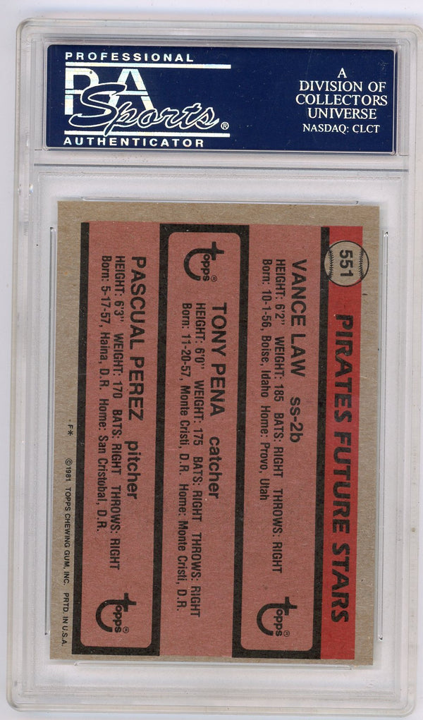 Vance law/ Tony Pena/ Pascual Perez 1981 Topps Pirates Future Stars #551 PSA 8