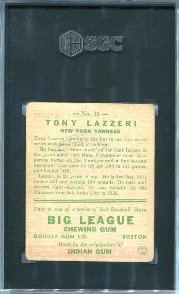 Tony Lazzeri 1933 Goudey #31 SGC 1 PR Card