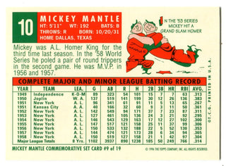 Mickey Mantle 1996 Topps Commemorative Set #50 Reprint Card