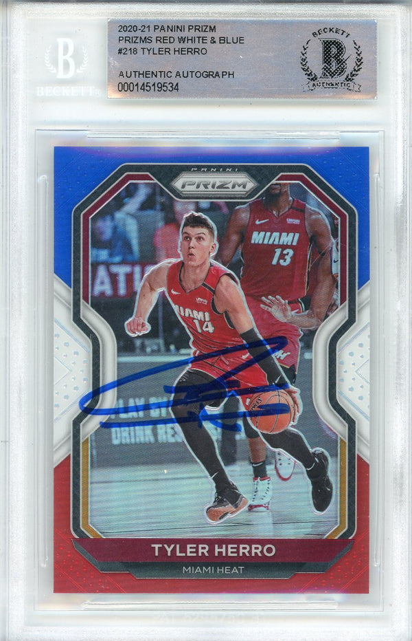 Tyler Herro Autographed 2020-21 Panini Prizm Red White & Blue Prizm Card #218 (BGS)