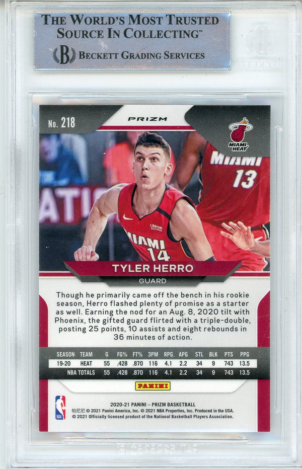 Tyler Herro Autographed 2020-21 Panini Prizm Red White & Blue Prizm Card #218 (BGS)