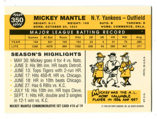 Mickey Mantle 1996 Topps Commemorative Set #350 Reprint Card