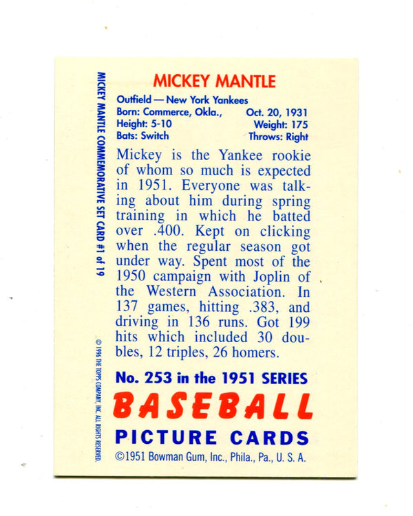 Mickey Mantle 1951 Topps #253 Reprint Card