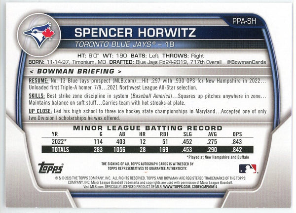 Spencer Horwitz Autographed 2023 Bowman 1st Bowman Card #PPA-SH