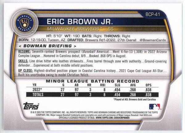 Eric Brown Jr. 2023 Bowman Chrome Aqua Lunar Crater Refractor Card #BCP-41