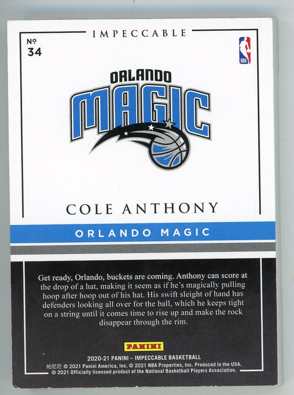 Cole Anthony 2020-21 Panini Impeccable 1 Troy Silver ounce Bar Logo #34