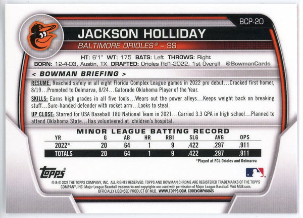 Jackson Holliday 2023 Bowman Chrome Card #BCP-20