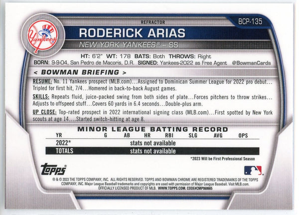 Roderick Arias 2023 Bowman Chrome Lunar Refractor Card #BCP-125