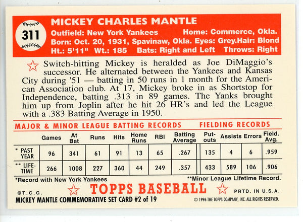 Mickey Mantle 1996 Topps Mickey Mantle Commemorative Set Card #2