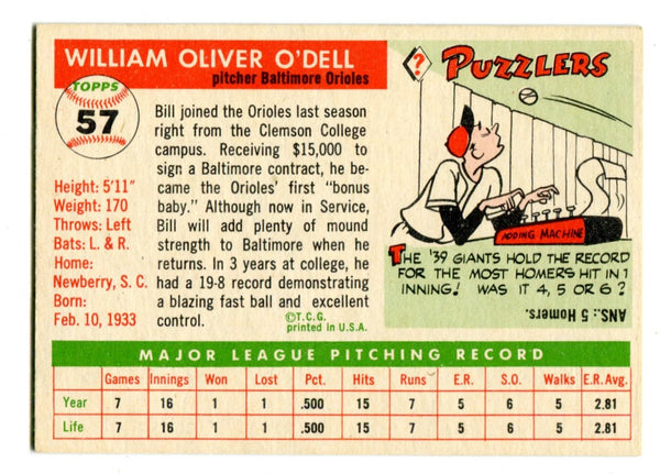 Billy O`Dell 1955 Topps #57 Card