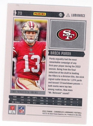 Brock Purdy 2022 Panini Chronicles Luminance Rookie Card #213