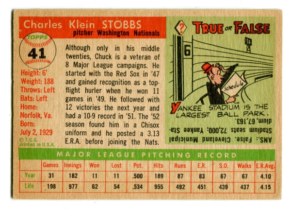 Chuck Stobbs 1955 Topps #41 Card