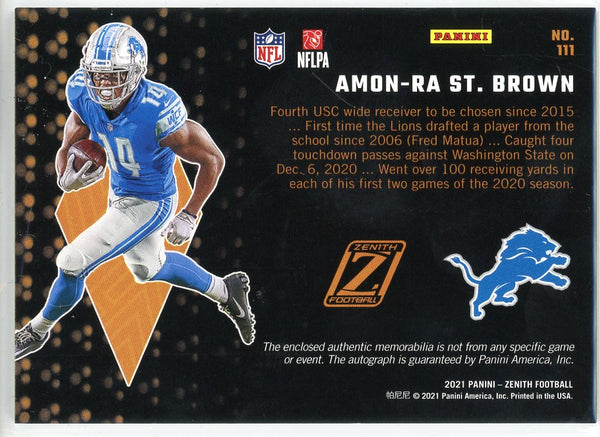 Amon-Ra St. Brown Autographed 2021 Panini Zenith Rookie Patch Card #111