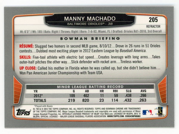 Manny Machado 2013 Topps Bowman Chrome Silver Refractor #205 Card