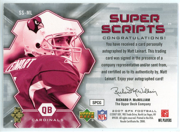 Matt Leinart Autographed 2007 Upper Deck SPx Super Scripts Card #SS-ML